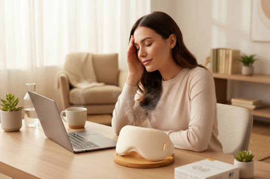 Cordless heated eye mask featuring vibration massage and heat therapy.