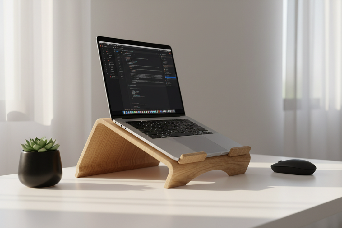 Gaming laptop on wooden ergonomic stand.