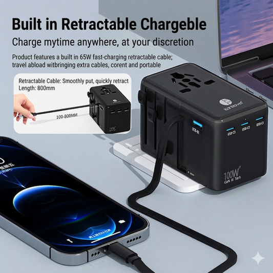 100W GaN Universal Travel Adapter with USB-C fast charging ports for laptop, smartphone, and multiple devices during international travel.