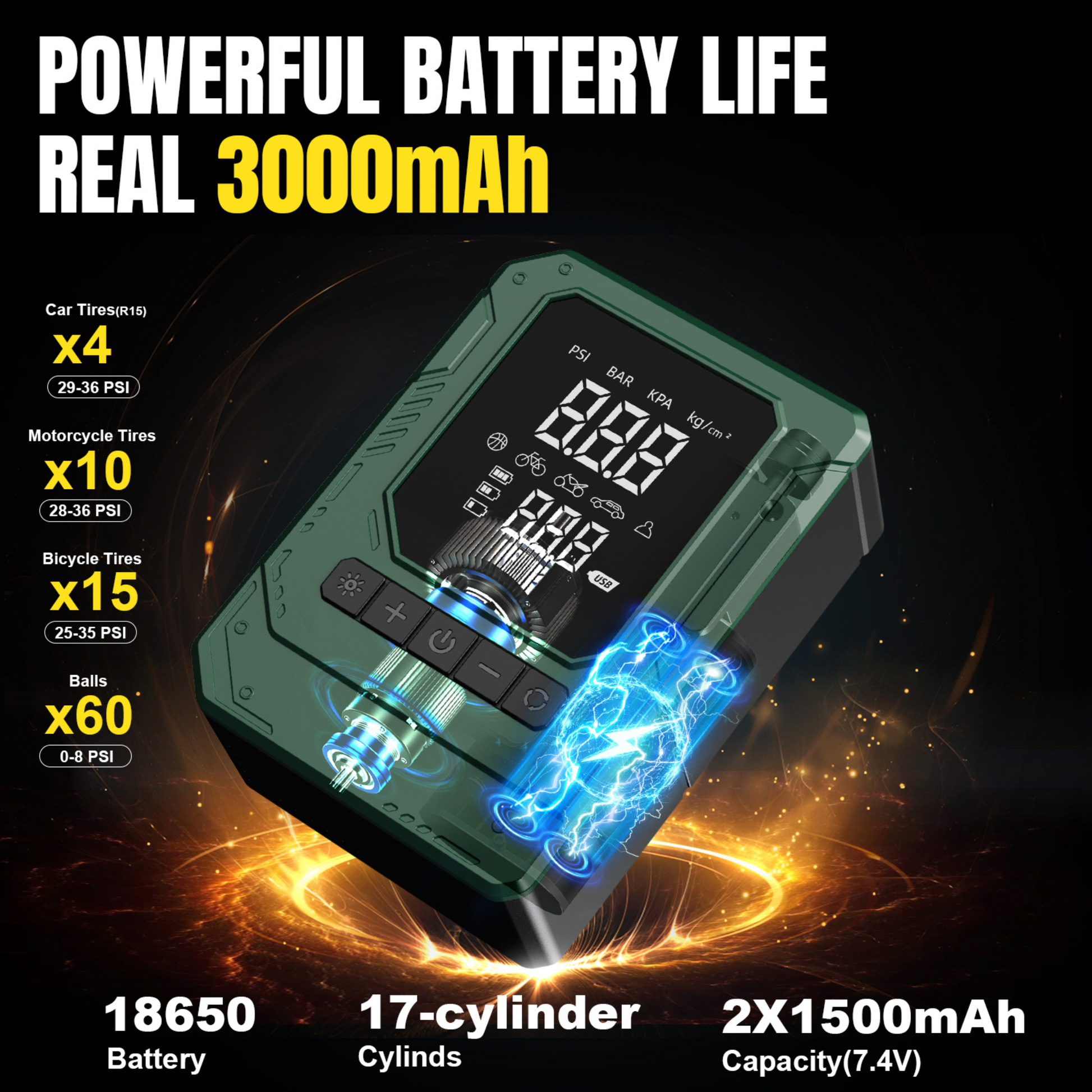 Digital tire inflator showing real-time tire pressure monitoring for cars, motorcycles, and bicycles.
