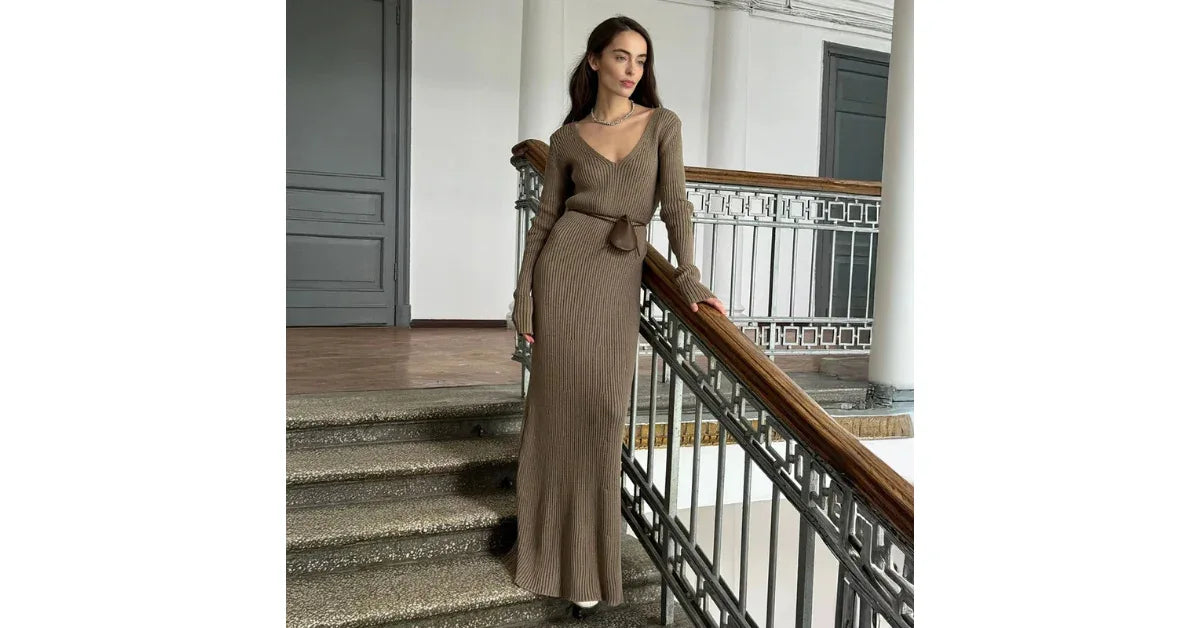 Blubelle Elegant Long Sleeve Knitted Maxi Dress – Modest Formal Dress for Women | Winter Bodycon V-Neck Gown - vitaliqa