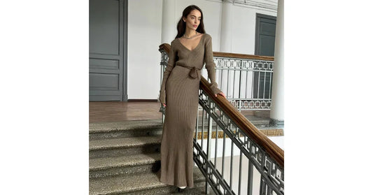 Blubelle Elegant Long Sleeve Knitted Maxi Dress – Modest Formal Dress for Women | Winter Bodycon V-Neck Gown - vitaliqa