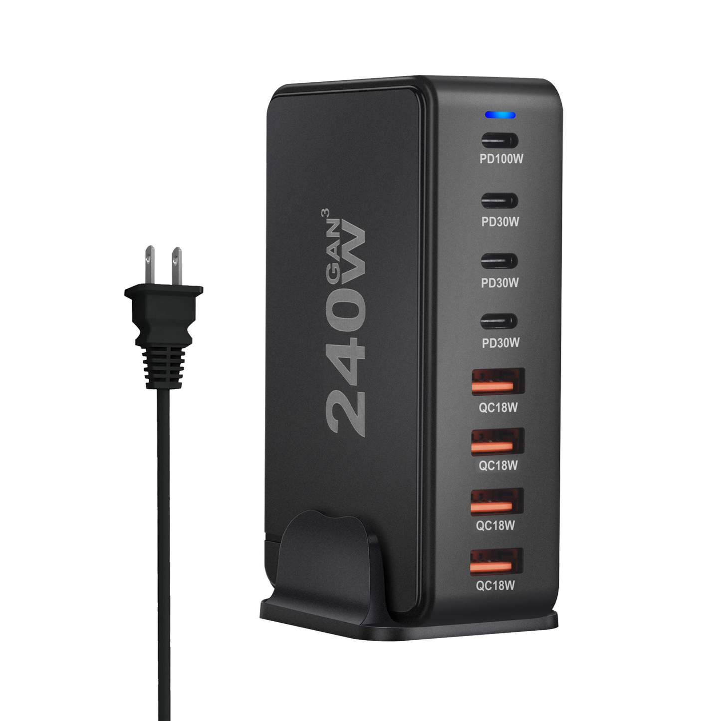 IDEALINK 240W GaN Charger with 8 ports including USB-C and USB-A connections for fast charging multiple electronic devices.