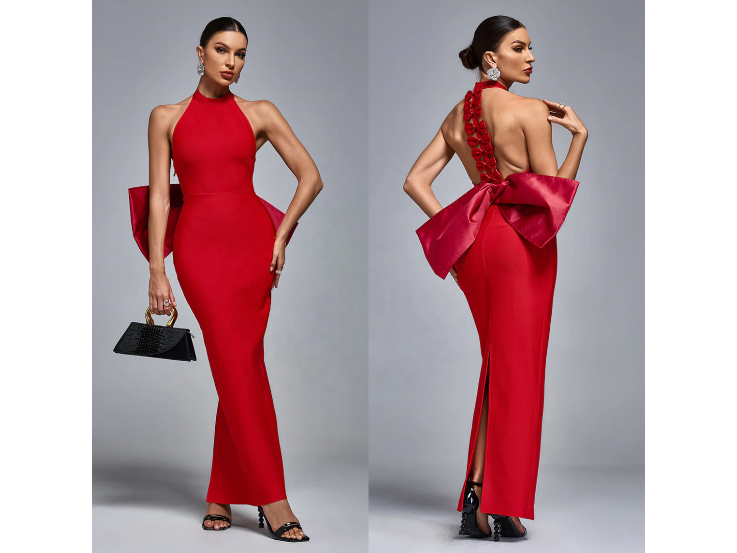 Custom Red Black Backless Bow Casual Club Dress – Elegant Sexy Red Maxi Dress for Women 2025