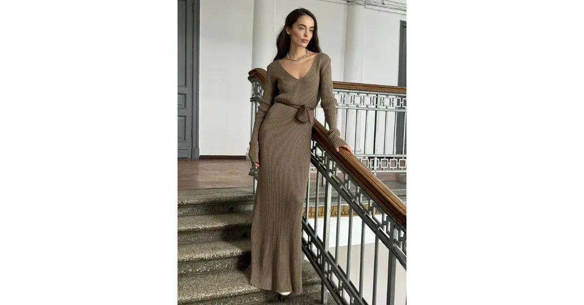 Blubelle Elegant Long Sleeve Knitted Maxi Dress – Modest Formal Dress for Women | Winter Bodycon V-Neck Gown - vitaliqa