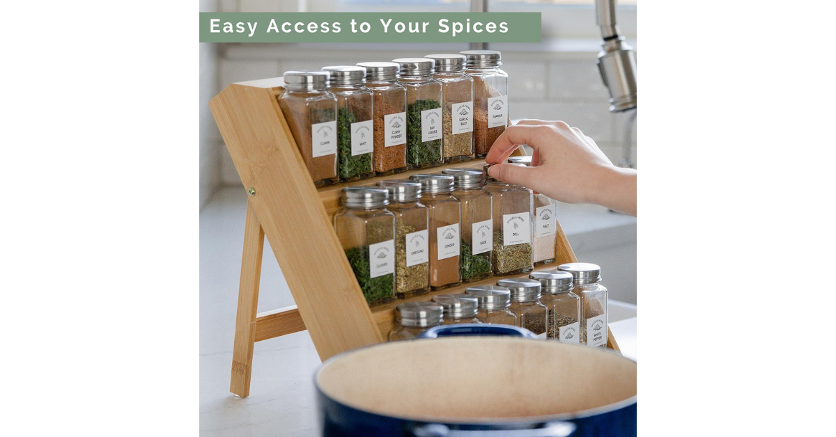 3-tier bamboo spice rack on kitchen counter with spices