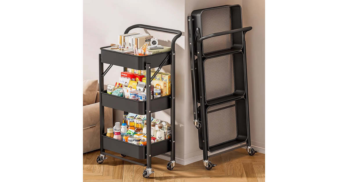 3-tier metal rolling storage cart holding kitchen supplies