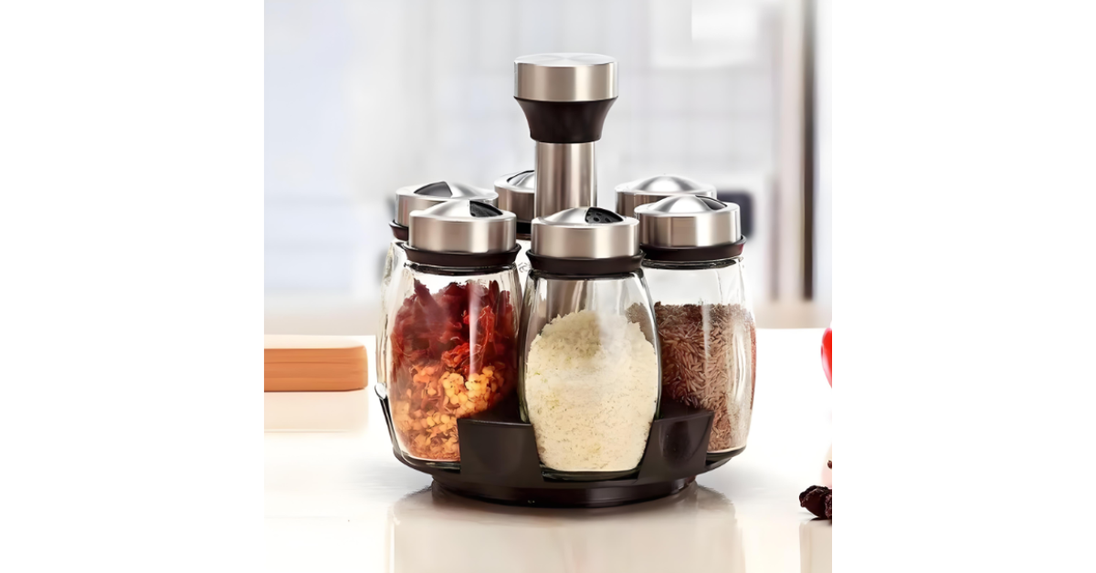 Modern kitchen countertop with spice bottles organized