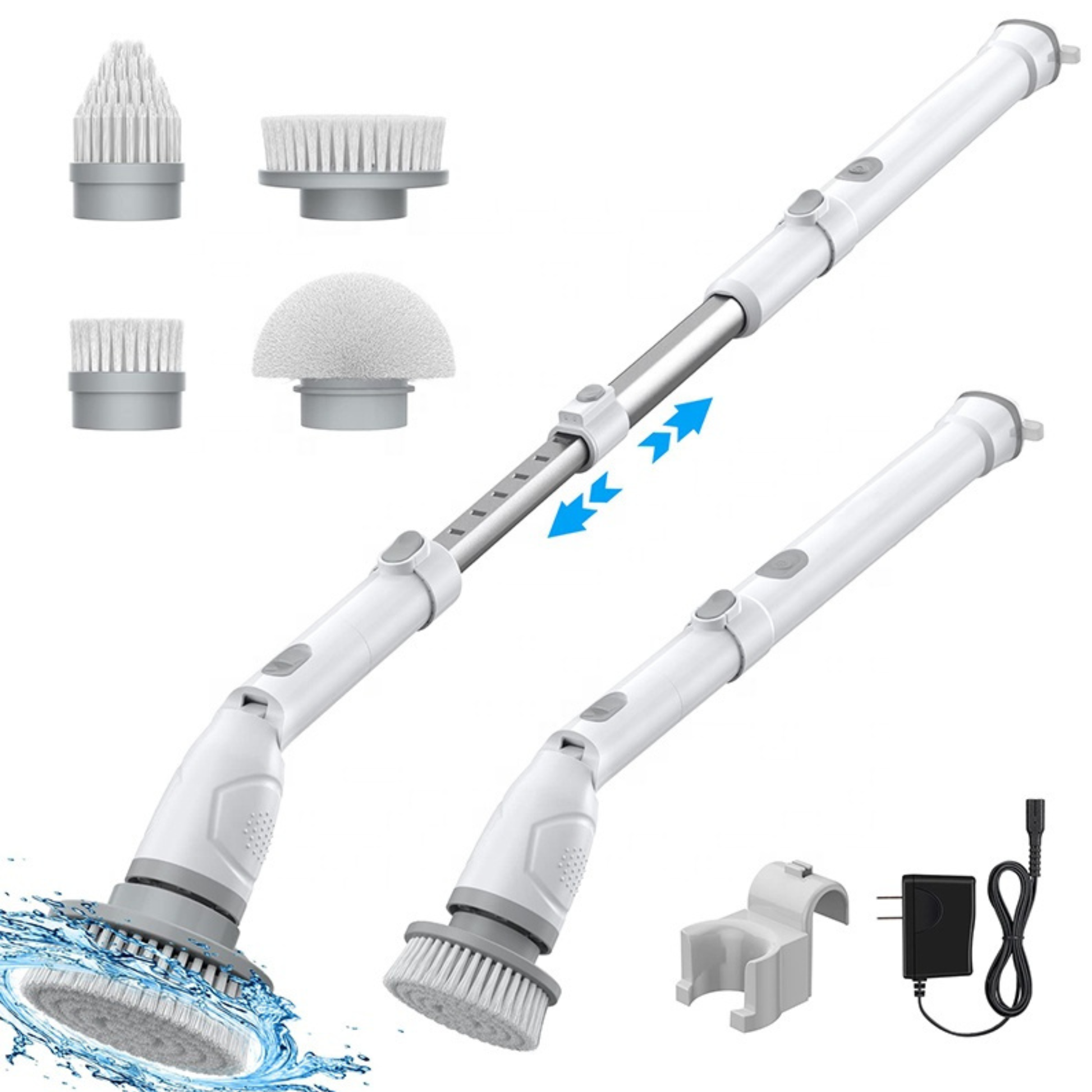 Person using the Best Electric Spin Scrubber with an extension handle to clean shower tiles without bending or kneeling.