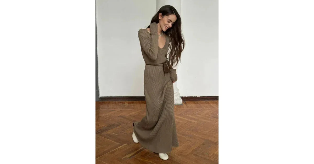 Blubelle Elegant Long Sleeve Knitted Maxi Dress – Modest Formal Dress for Women | Winter Bodycon V-Neck Gown - vitaliqa