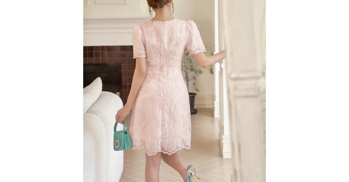 ZYHT Pink Floral Lace Mini Dress – Casual Wedding Guest Dress with Puff Sleeves & Crystal Belt - vitaliqa