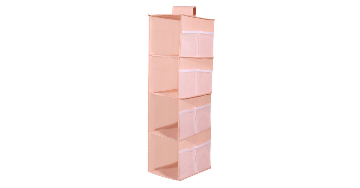 4-Shelf Door Hanging Closet Organizer hanging behind bedroom door with clothes