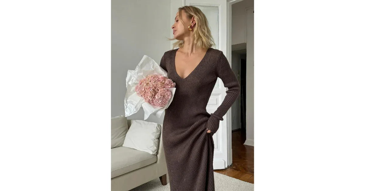 Blubelle Elegant Long Sleeve Knitted Maxi Dress – Modest Formal Dress for Women | Winter Bodycon V-Neck Gown - vitaliqa