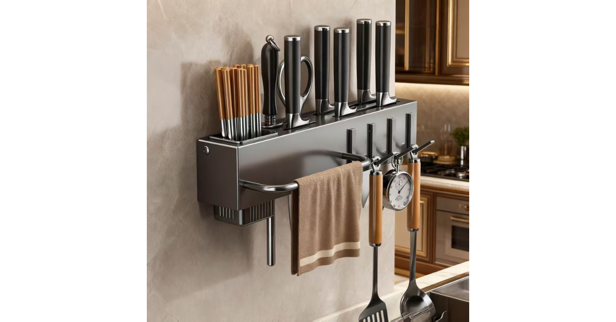 Wall Mounted Kitchen Organizer Rack — Smart Cooking Utensils Holder & Knife Storage Rack with Steel Hooks