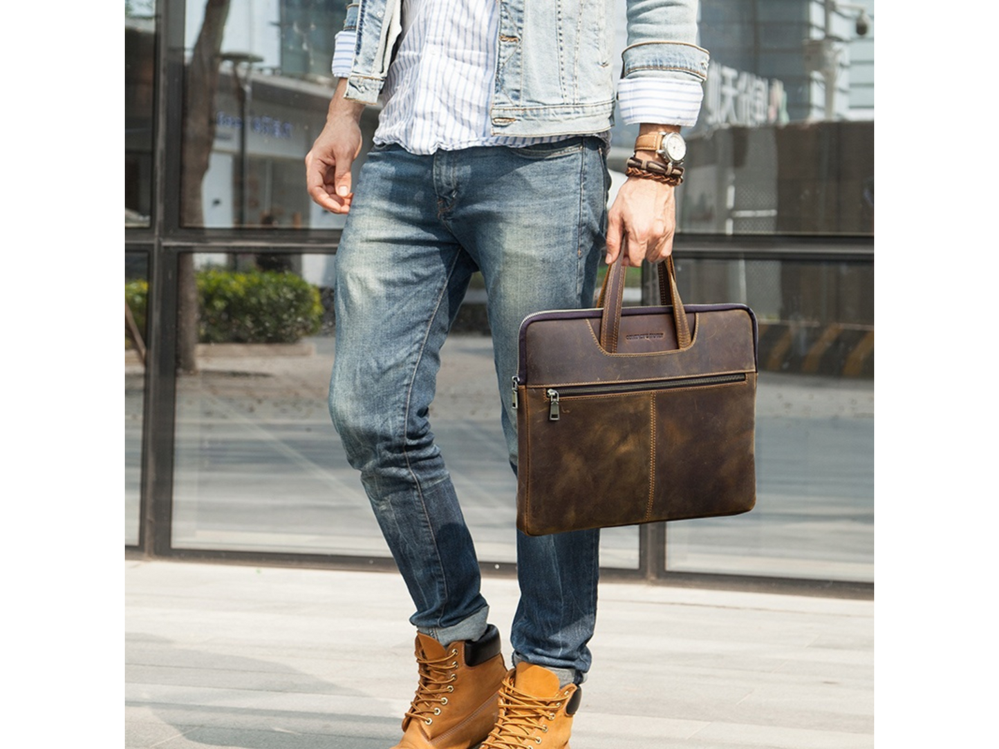 CONTACT’S FAMILY CF3009 — Genuine Leather 15 inch laptop sleeve (Vintage Slim Briefcase)