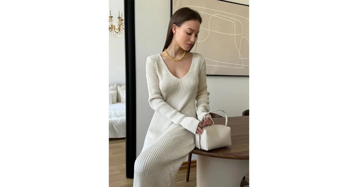 Blubelle Elegant Long Sleeve Knitted Maxi Dress – Modest Formal Dress for Women | Winter Bodycon V-Neck Gown - vitaliqa