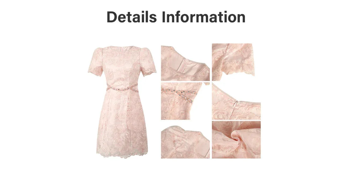 ZYHT Pink Floral Lace Mini Dress – Casual Wedding Guest Dress with Puff Sleeves & Crystal Belt - vitaliqa