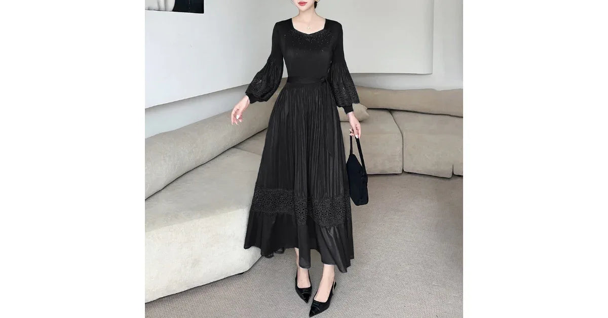 Vintage Miyake Pleated Casual Midi Dress for Women – Lantern Sleeves, Ruched Detail, Breathable Fabric - vitaliqa