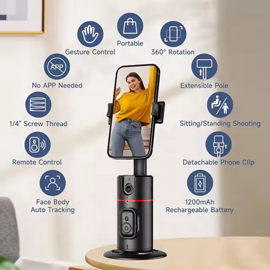 AI Auto Face Tracking Gimbal Stabilizer with 360 degree rotation for smartphone video recording and content creation