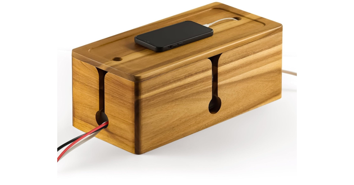 acacia wood cable management box on desk