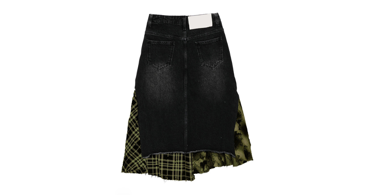 asymmetrical black denim cargo skirt with plaid panels