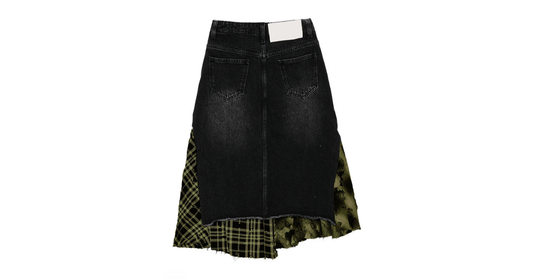 asymmetrical black denim cargo skirt with plaid panels