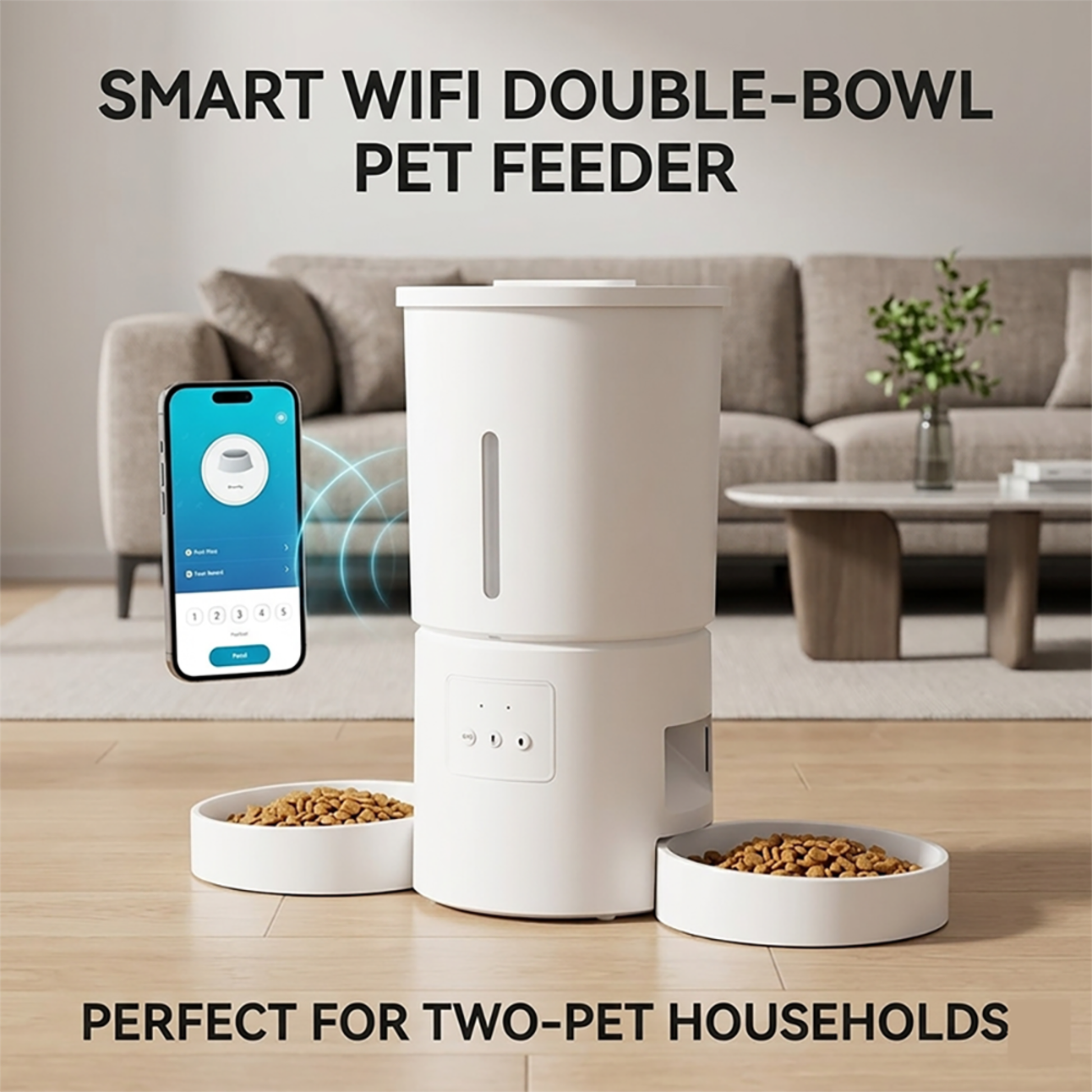 Programmable automatic pet feeder with LCD display and scheduled feeding settings.