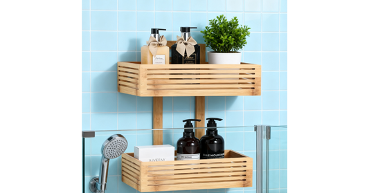 2-tier bamboo wall-mounted shelf holding towels and toiletries