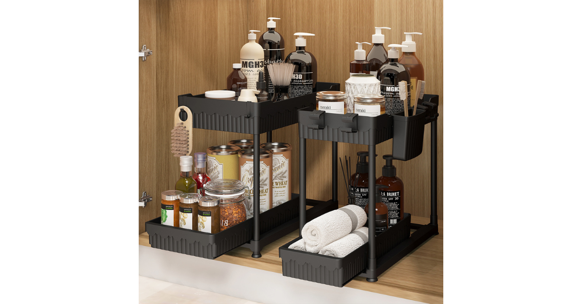 Double tier under sink organizer with sliding drawer for kitchen storage