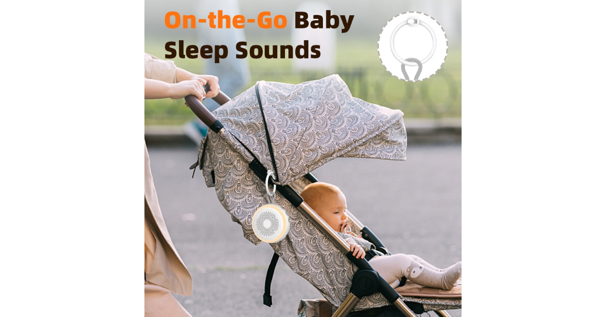 Portable white noise machine on bedside table
