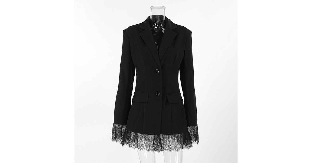 Back view of black crop blazer on hanger
