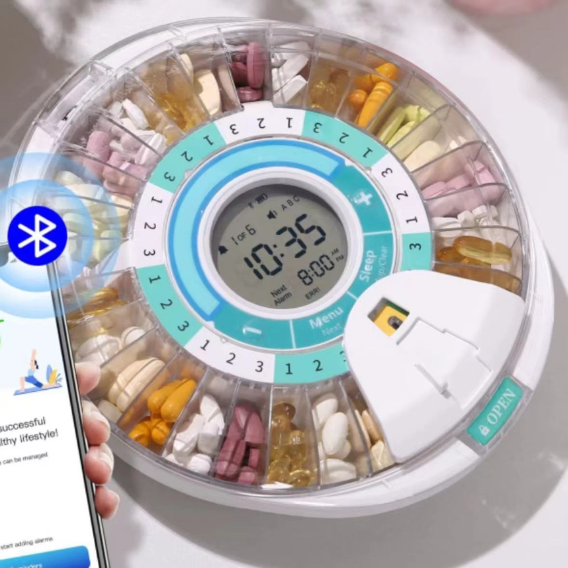 White Bluetooth Smart Pill Box electronic medication organizer with automatic timer alarm design