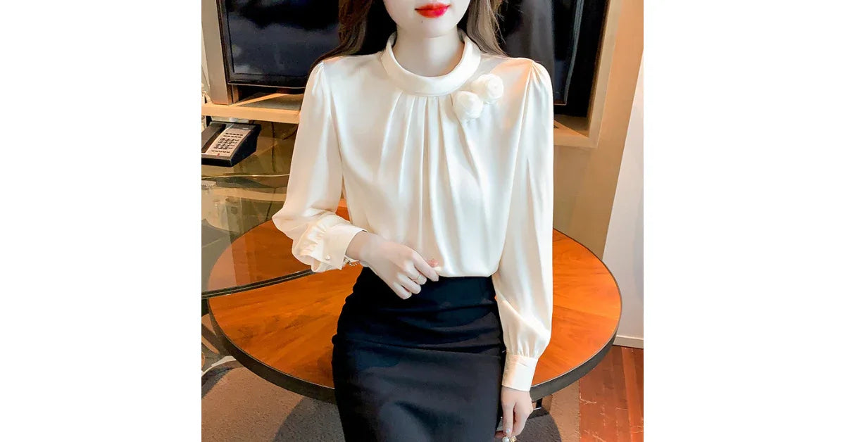 Women Stand Collar Petal Satin Blouse – Elegant Long Sleeve Top for Office & Casual Wear - vitaliqa
