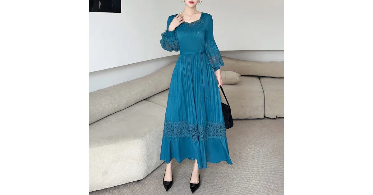 Vintage Miyake Pleated Casual Midi Dress for Women – Lantern Sleeves, Ruched Detail, Breathable Fabric - vitaliqa