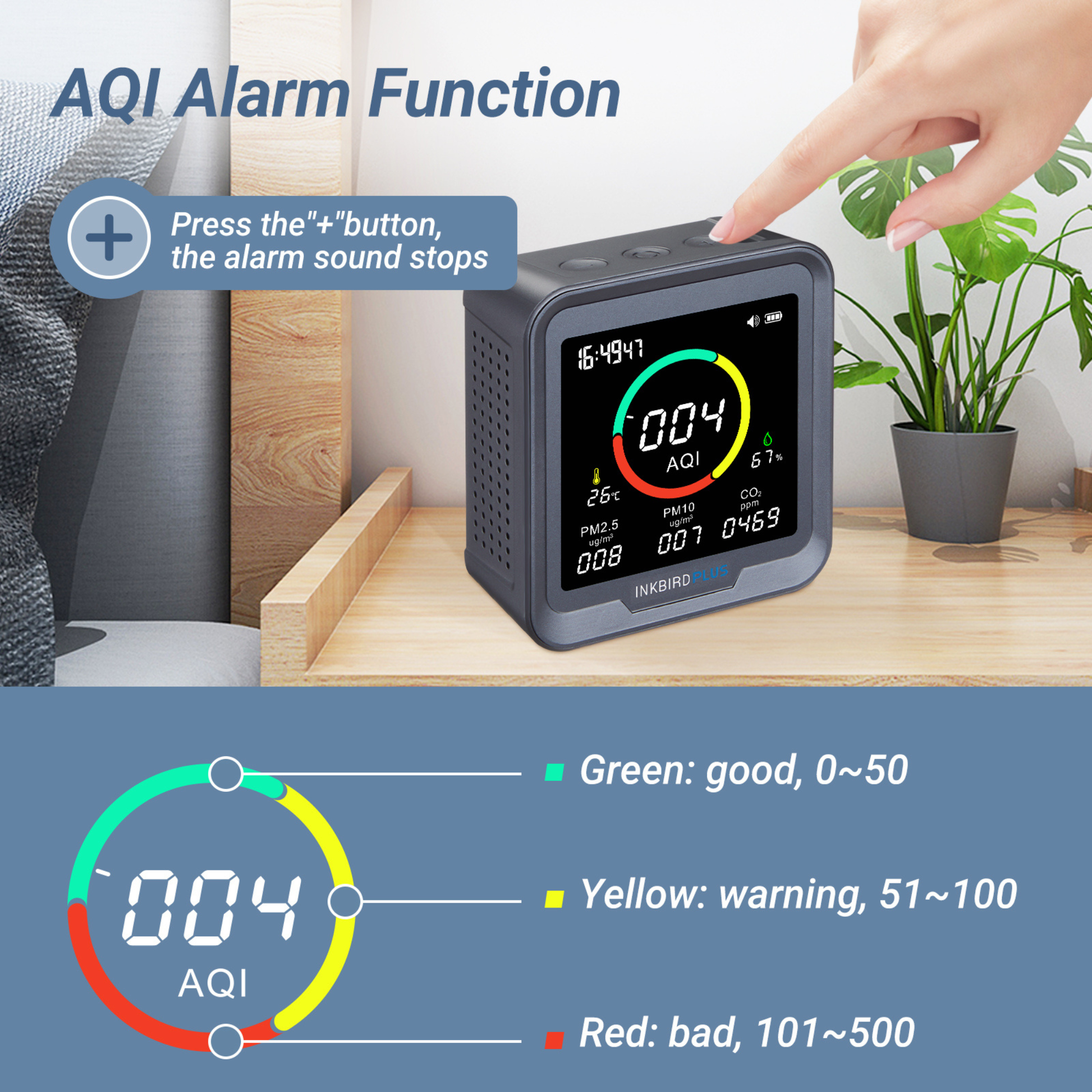 Indoor air quality tester measuring PM10 PM2.5 and HCHO levels with compact ABS housing design