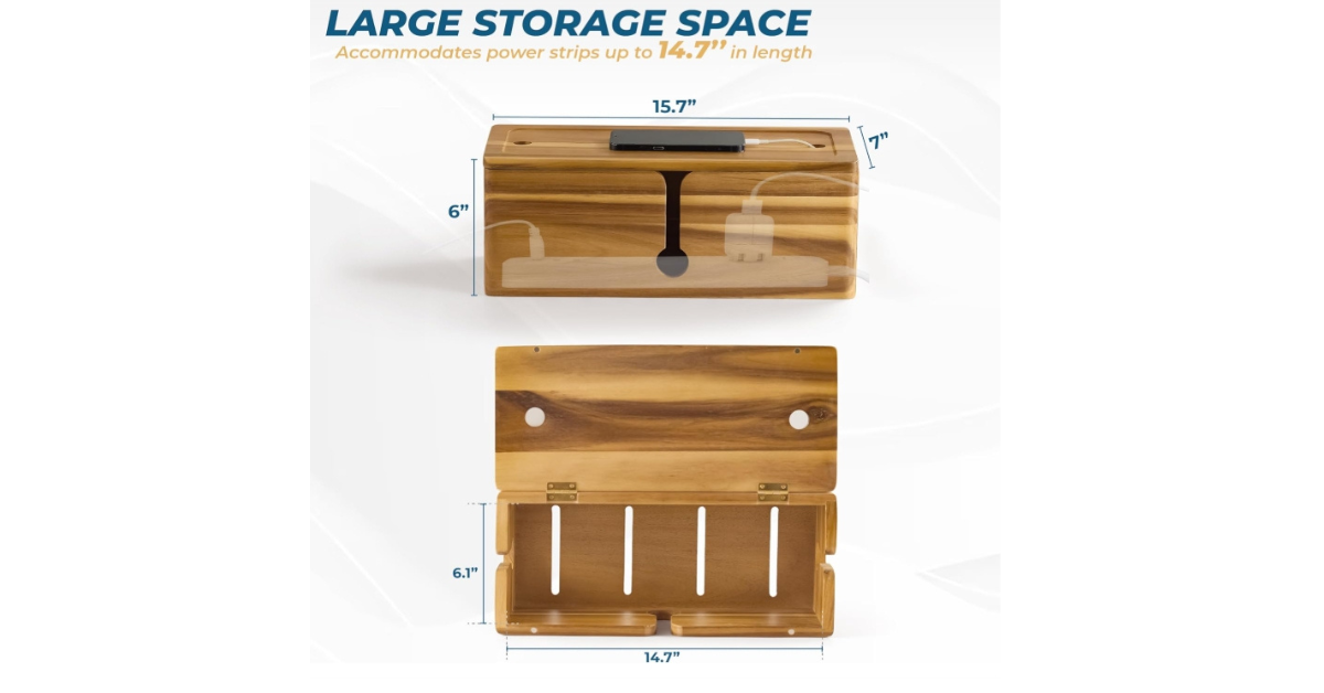 wooden cable organizer box with power strip