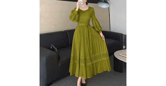 Vintage Miyake Pleated Casual Midi Dress for Women – Lantern Sleeves, Ruched Detail, Breathable Fabric - vitaliqa