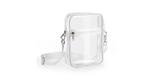 Front view of clear PVC travel shoulder bag with zipper