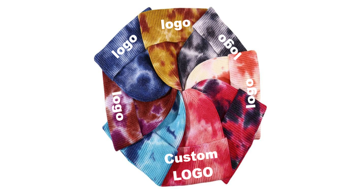 Custom tie dye LED beanie glowing at night
