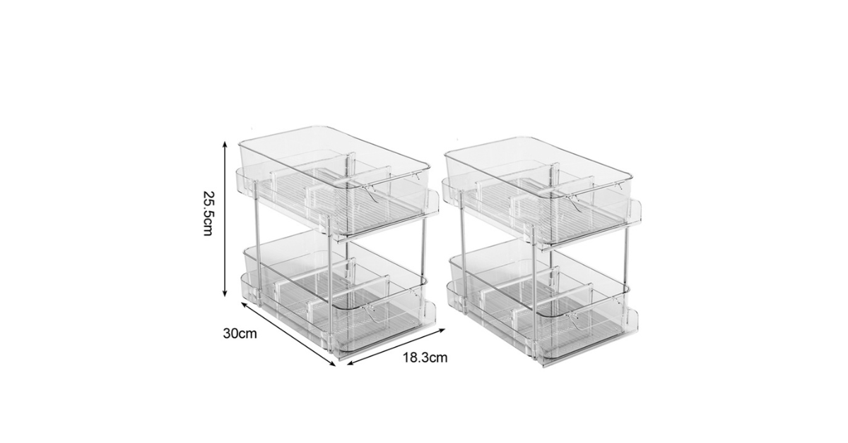 Bathroom toiletries neatly arranged in clear drawers