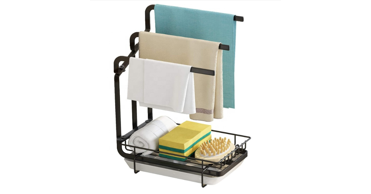 Kitchen sponge and soap organizer with towel bar