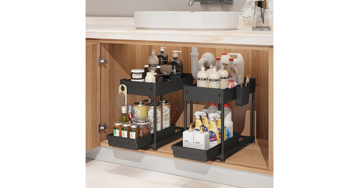 Durable under sink storage rack for cleaning supplies and kitchen gadgets