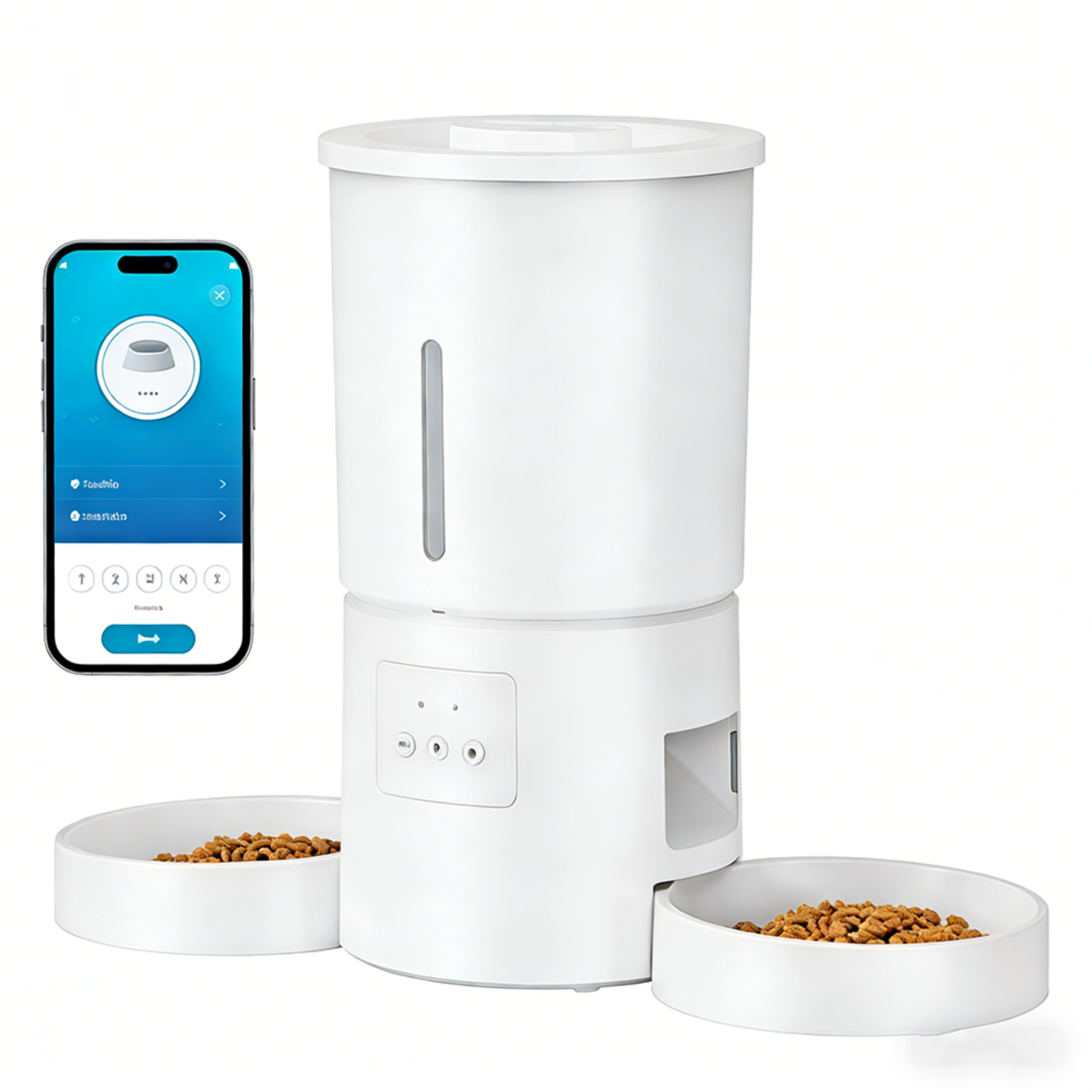 Pet feeder with camera and smart technology placed in a modern indoor home environment.