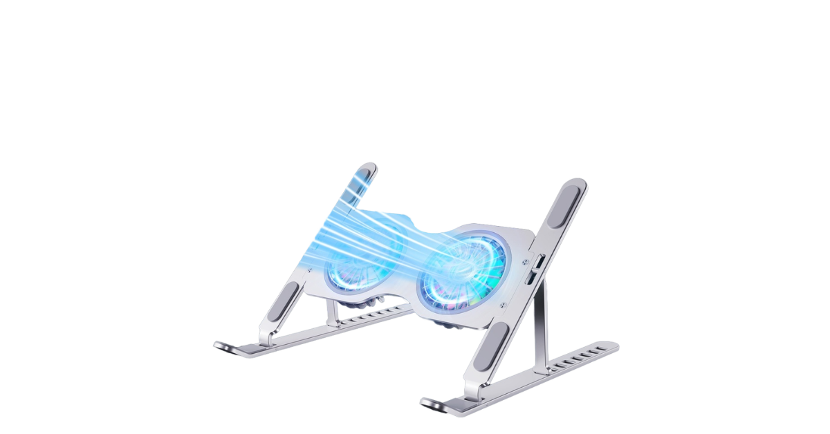 dual fan laptop cooling stand on office desk