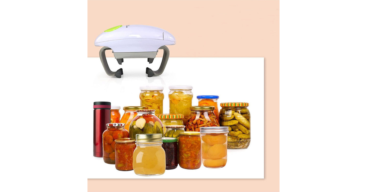 electric jar opener being used by a senior woman in a bright kitchen