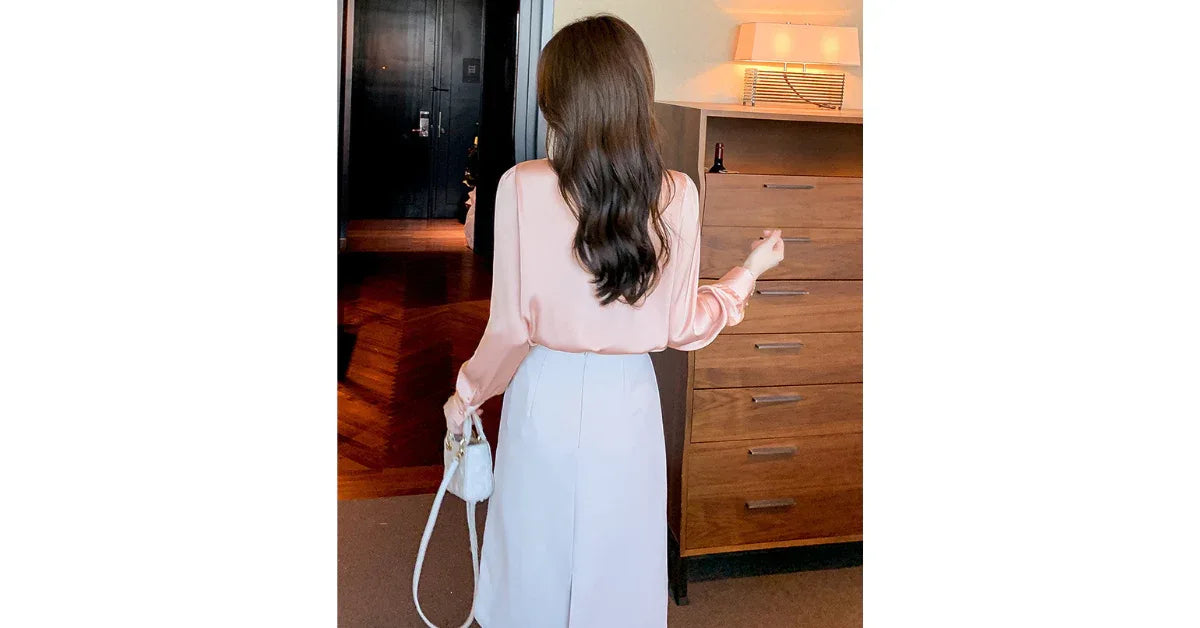 Women Stand Collar Petal Satin Blouse – Elegant Long Sleeve Top for Office & Casual Wear - vitaliqa