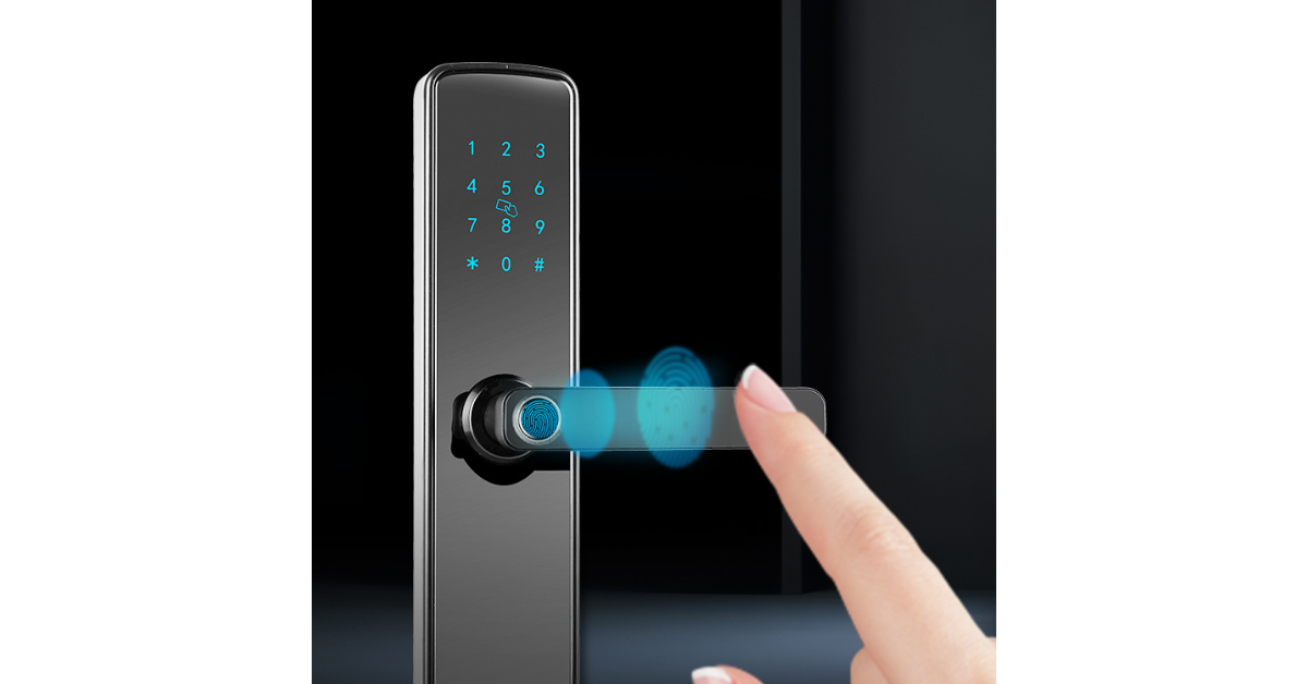 smart door handle lock installed on wooden door