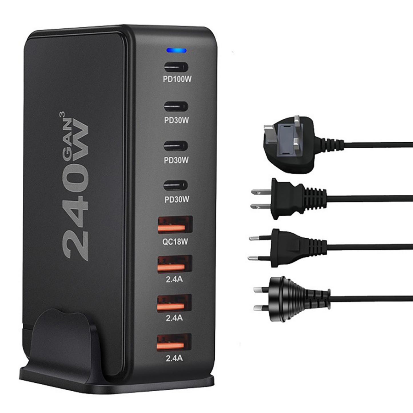 USB C Charging Hub with four USB-C ports and four USB-A ports providing flexible charging options for users.