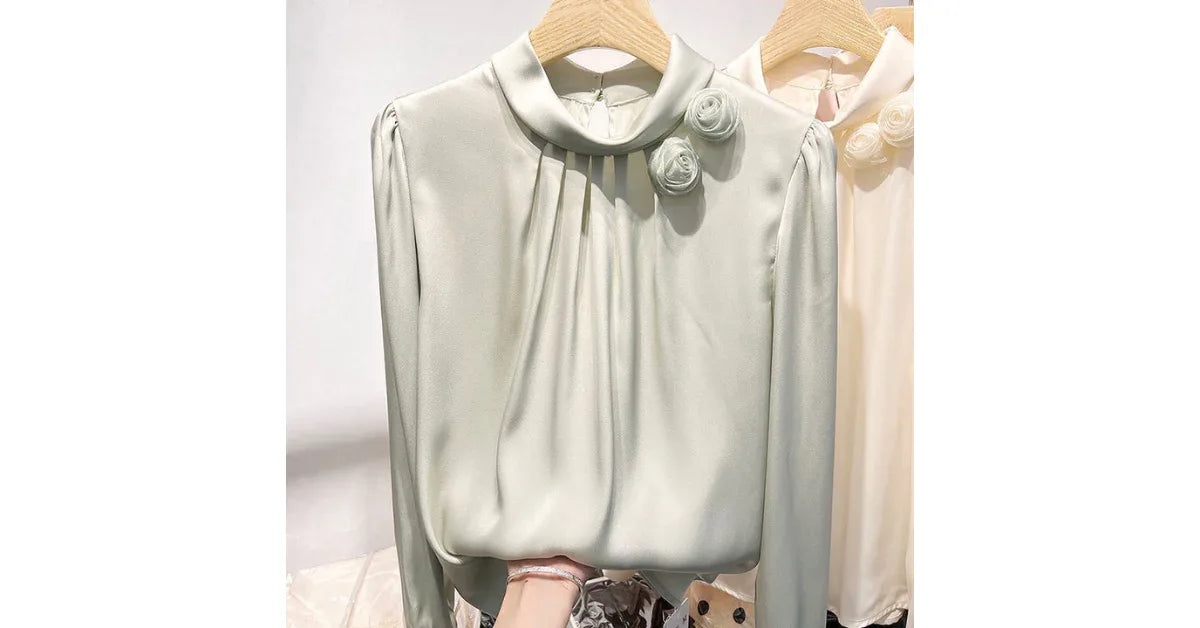 Women Stand Collar Petal Satin Blouse – Elegant Long Sleeve Top for Office & Casual Wear - vitaliqa