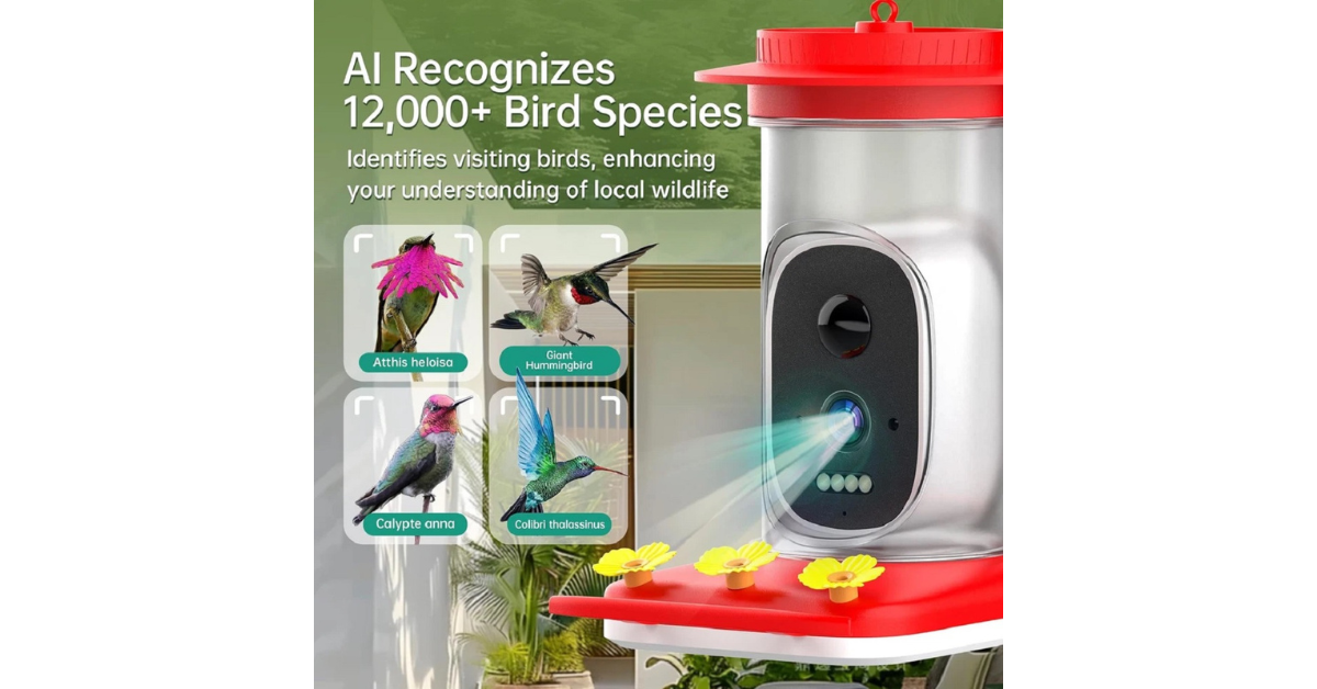 ICSEE hanging smart hummingbird feeder in backyard